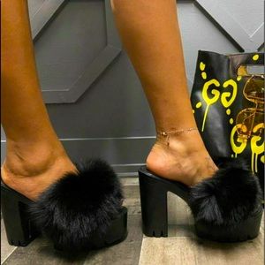 Cape Robbin Chardonnay Fur Block Heels- Black